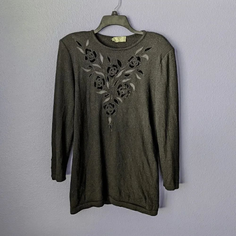 Vintage Valentino Studio Pullover Sweater 100% Wool embroidered Italy 10 Black
